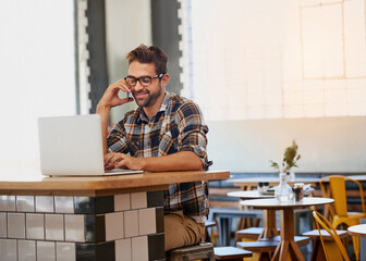 Business, man and laptop with phone call in coffee shop for customer service, online management and networking. Entrepreneur, owner and smartphone in cafe for mobile stock order and communication