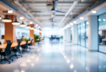 Beautiful blurred background of a light modern office interior with panoramic windows and beautiful lighting, ai