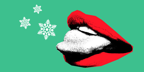 Poster. Contemporary art collage. Red lips with white frosty tongue catch snowflakes against green backdrop. Concept of winter holidays, Christmas, festive mood, celebration. Greeting card.