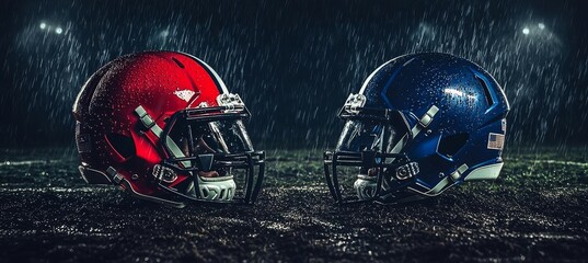 Intense American Football Helmet Face-off in Super Bowl Stadium, Capturing the Sportsmanship and Rivalry, NFL