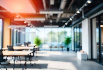Beautiful blurred background of a light modern office interior with panoramic windows and beautiful lighting, ai