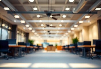 Modern bright office interior with furniture and daylight. Blurred background.