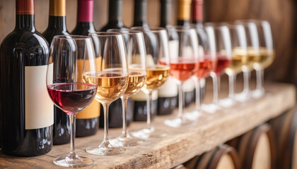Wine tasting event: sommelier preparing wine glasses and bottles on countertop