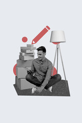 Vertical photo collage of happy guy postal worker surf ereader consumerism addiction pile box isolated on painted background