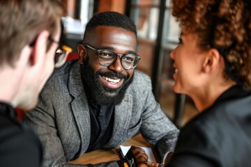 A smiling man with a beard and glasses leans toward a woman, possibly a colleague, while engaging in a conversation about artificial intelligence