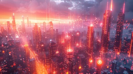 Fototapeta premium Futuristic Cityscape with Neon Glowing Skyscrapers Generative AI