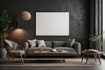 Modern living room interior with a grey sofa, a wooden coffee table, and a large framed picture
