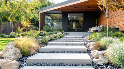 Modern concrete tile steps leading to a minimalist home exterior