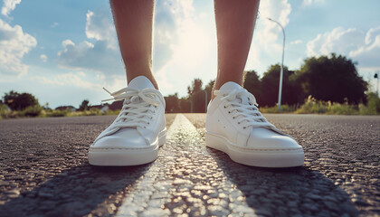 Naklejka premium Man in white sneakers on asphalt at sunset. Men's shoes