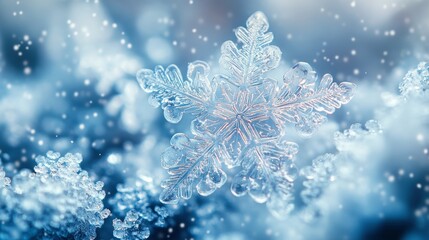 Fototapeta premium Captivating close-up of a delicate snowflake resting on icy surface, showcasing intricate details and beautiful icy patterns.