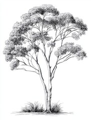 Black and white Vintage engraved art of a eucalyptus tree, isolated on white background, ink sketch illustration, simple vector art design, highly detailed line art, high contrasty -