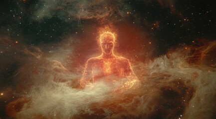 Naklejka premium Fiery Humanoid Figure Floating In Cosmic Space