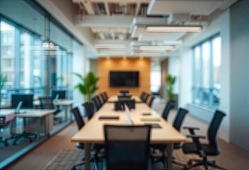 Modern bright office interior with furniture and daylight. Blurred background., ai