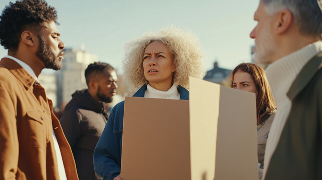 Diverse group of people in park discussing passionately with signs, symbolizing variety of public views and intensity of public discourse