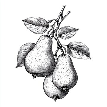 recommend clip art: Black and white Vintage engraved art of a branch of pears with leaves, isolated on white background, ink sketch illustration, simple vector art design, highly detailed line art, high contrasty 