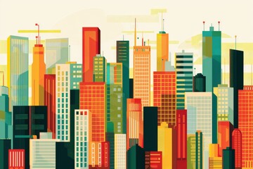 A stylized illustration of a modern city with tall buildings, showcasing a colorful and vibrant cityscape