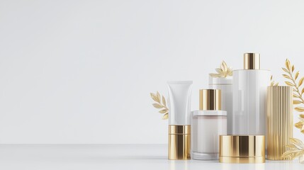 Luxury skincare containers, empty labels, sophisticated aesthetic, 3D illustration