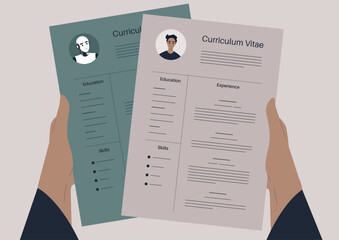 Two diverse curriculum vitae are held side by side, highlighting the distinct qualifications and attributes of a robot and a human, showcasing their comparative strengths