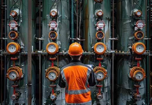 Male technician in orange helmet inspects large pipes with tablet in contemporary industrial facility