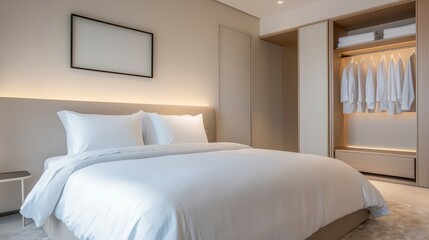 A luxurious master bedroom with a king-sized bed, walk-in closet, and en-suite bathroom