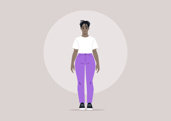 A stylish character confidently showcases her curvy hips while wearing a casual white tee and vibrant purple pants against a minimalist background