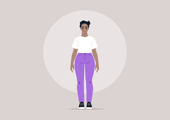 Fototapeta premium A stylish character confidently showcases her curvy hips while wearing a casual white tee and vibrant purple pants against a minimalist background