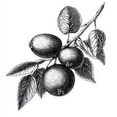 Black and white Vintage engraved art of a branch of kiwi fruits with leaves, isolated on white background, ink sketch illustration, simple vector art design, highly detailed line art, high contrasty