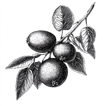 recommend clip art: Black and white Vintage engraved art of a branch of kiwi fruits with leaves, isolated on white background, ink sketch illustration, simple vector art design, highly detailed line art, high contrasty