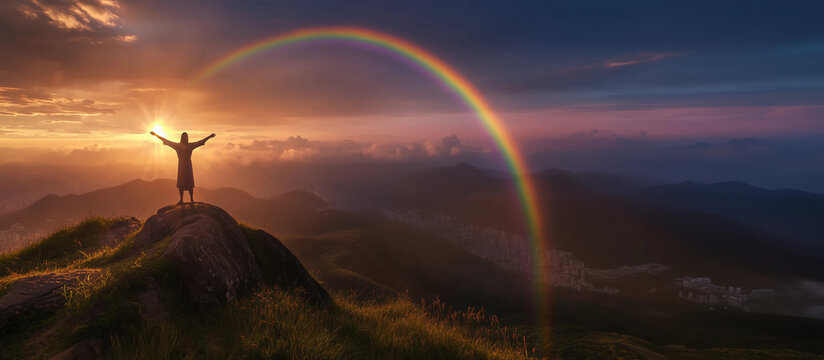 Spiritual cult god type leader person mountain top sunset rainbow sky arms raised up high faith worship nature spirit church follow landscape peace banner background with copy space