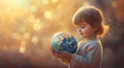 Naklejka premium A young child holding a globe of the Earth, symbolizing the future generation's connection to and care for the planet, concept of sustainability, and global responsibility.