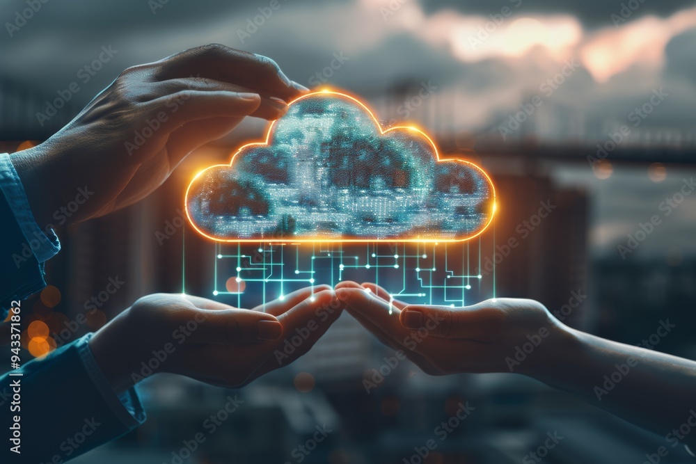 Poster two hands gently holding a glowing cloud computing icon with circuitry, symbolizing data protection