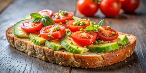 A slice of toasted sour dough bread with avocado and tomato on top