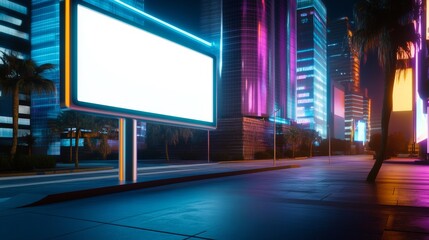 Obraz premium Futuristic Empty Billboard in Cyberpunk Cityscape with Holographic Ads