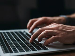 Man working on laptop computer in coffee shop, freelancer, digital nomad, businessman in casual clothes, working online, typing on laptop, surfing internet in cafe, remote work