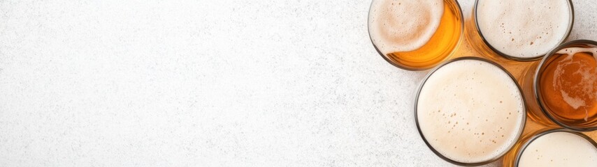 Assorted Craft Beers in Various Glasses on a Minimalist Surface, Overhead View of Ales and Lagers, Clean Design with Ample Negative Space