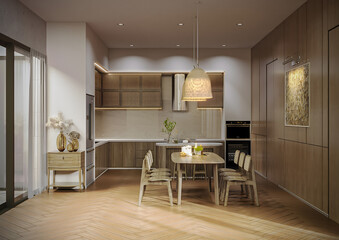 Kitchen Accessories Modern, Wooden Floor, Cabinets, Cupboards, Dinner Table, Lamp, Countertop, Warming Kitchen, Cooking Space, 3D Rendering