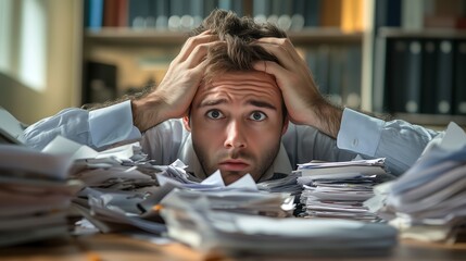 A tired and overwhelmed employee struggling with an excessive workload and time management issues. The image should convey stress, exhaustion, and a lack of work-life balance.