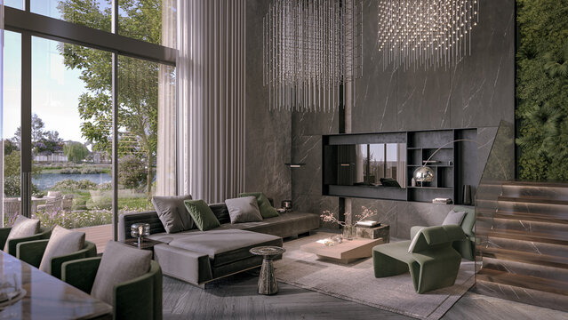 Luxury Living Room, Large Green and Grey Sofe, Marble Wall, Penhouse, Interior Scene, High Ceiling Living Room, 3D Rendering Modern House Design