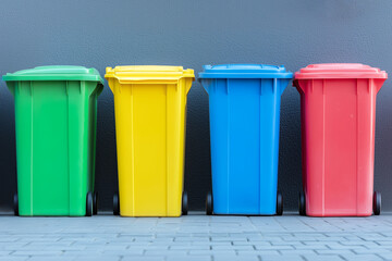 Colorful recycling bins lined up against a clean background