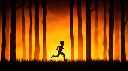 Silhouette of a person running through the woods with a sunset background symbolizing adventure and growth
