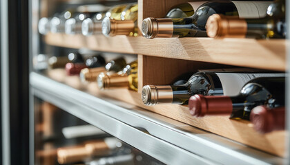 Wine bottles resting horizontally in modern wine cellar