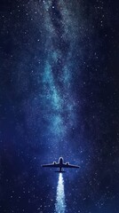 Naklejka premium Airplane jet ascending through night sky into the stars