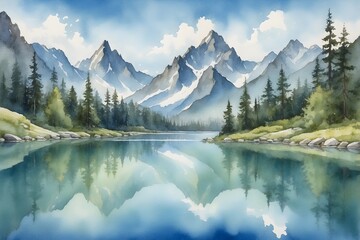Aqwuarell - Wunderschöne Landschaft - Ruhiger Bergsee