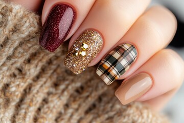 hand showcasing autumn themed nail art with various detailed designs on each nail