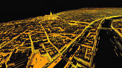 Technical aerial visual, 3D LiDAR GIS aerial map satellite scan model isolated, showing Amiens, France. Elevation, topography, render