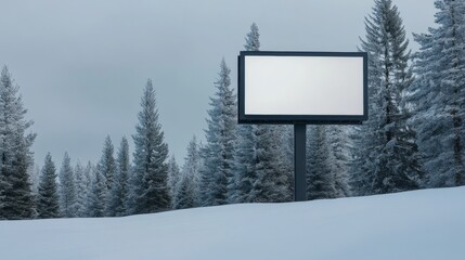 Lone Empty Billboard in Snowy Landscape Surrounded by Pine Trees
