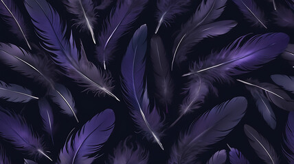 Fototapeta premium an image of a bunch of dark purple and black feathers with a mysterious aura, arranged on an isolated plain deep navy blue background.