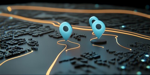 Fototapeta premium Digital 3D Map with Blue Pins and Glowing Route Lines