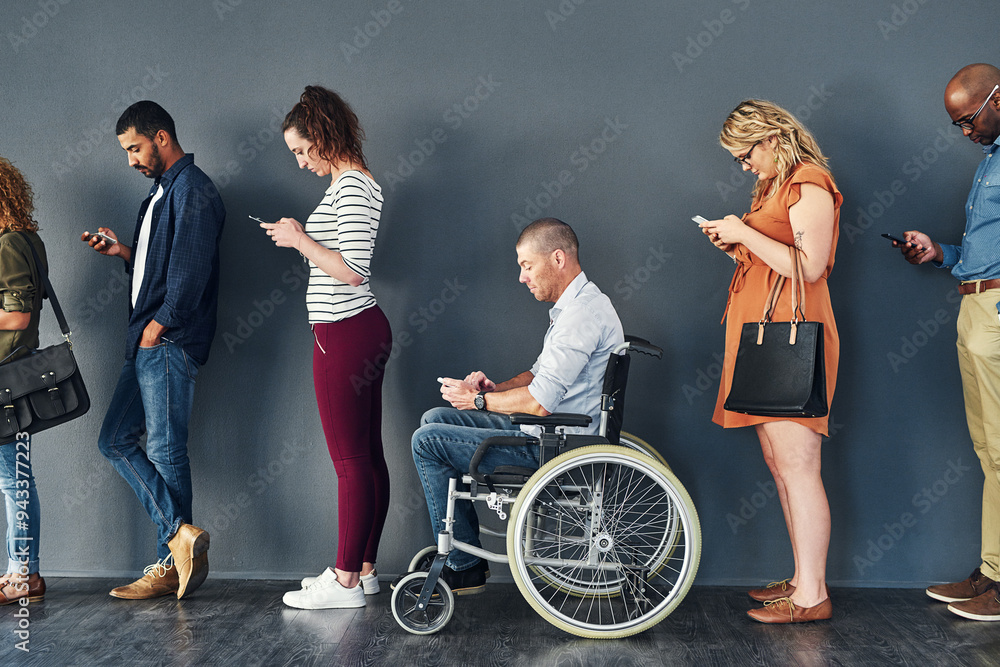 Poster Man with a disability, diversity and job interview waiting in queue, recruitment or inclusion HR row. Vacancy, men and women in human resources, hiring or onboarding office with affirmative action