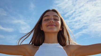Naklejka premium A Joyful Woman Delightfully Embracing Nature Beneath a Clear and Beautiful Blue Sky